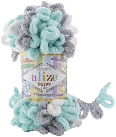 Моток Alize Puffy Color 6408 - Бело-бирюзово-серый 9 м 100 г