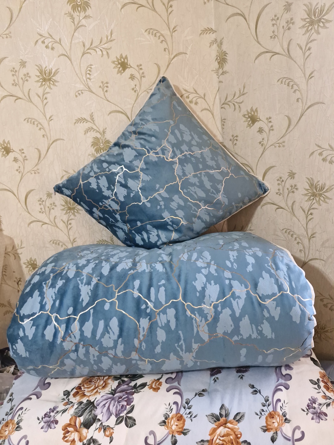 Комплект корпе с подушками 220x80 см, вата, синтепон, синий