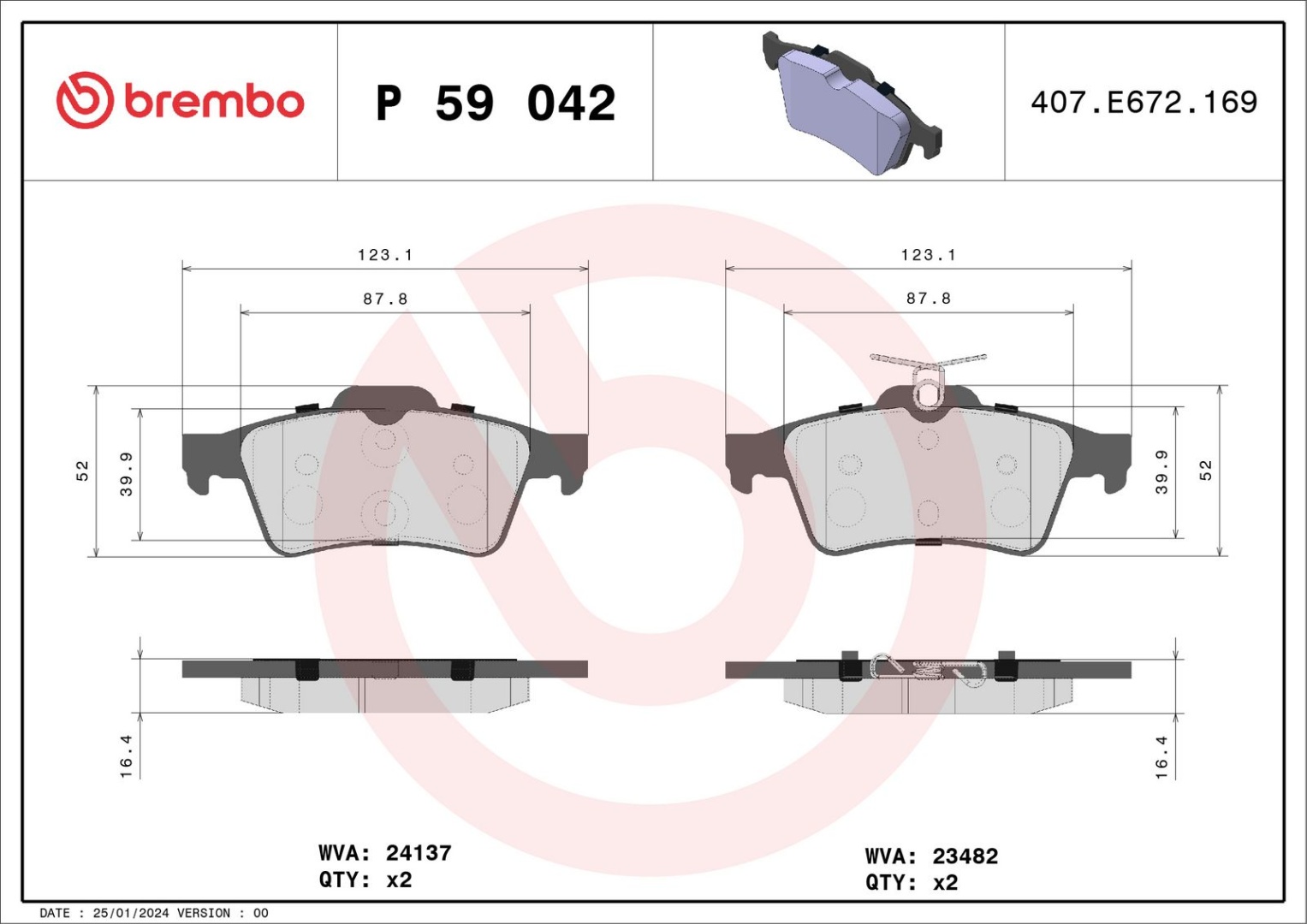 BREMBO Комплект Тормозных Колодок, Дисковый Тормоз P59042