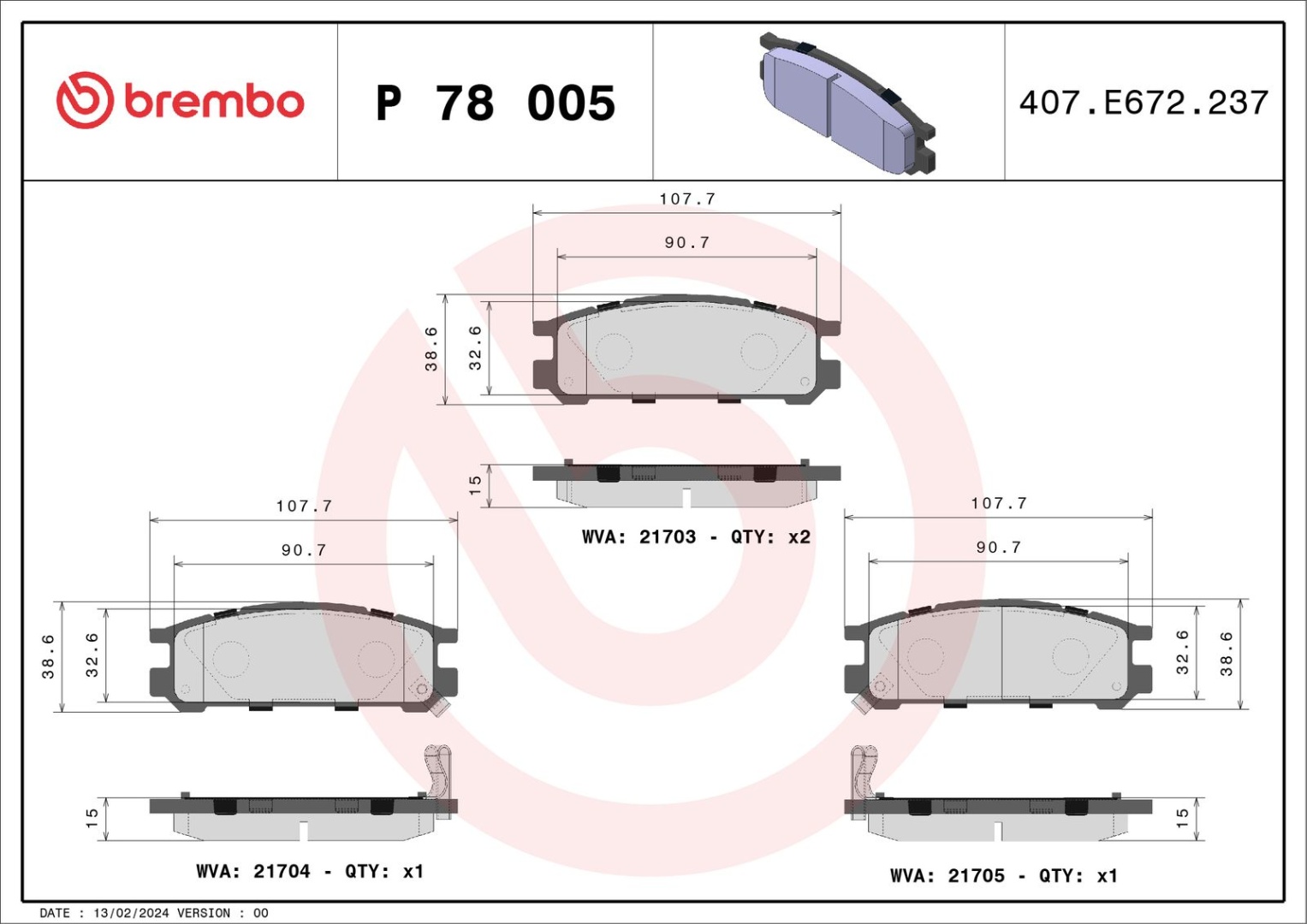 BREMBO Комплект Тормозных Колодок, Дисковый Тормоз P78005