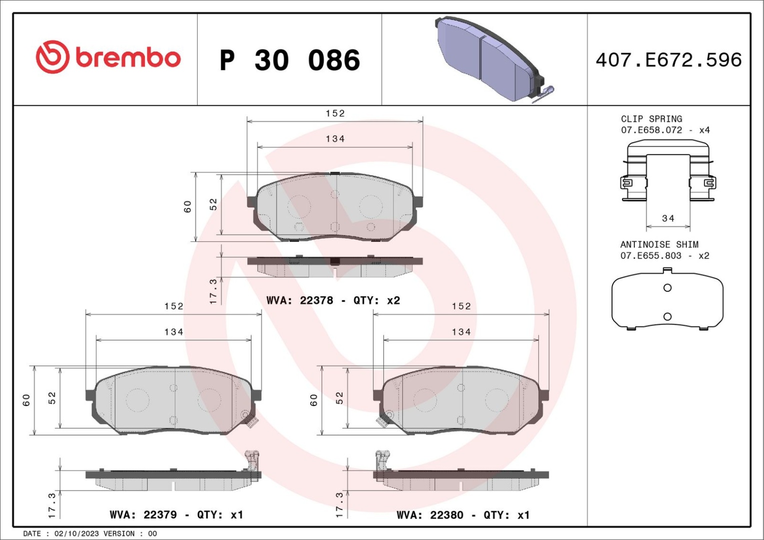 BREMBO Комплект Тормозных Колодок, Дисковый Тормоз P30086