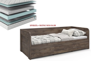 Кровать MySTAR Вирджиния Nusa Бали односпальная, 90x200 см (с матрасом, без подъёмного механизма) коричневый