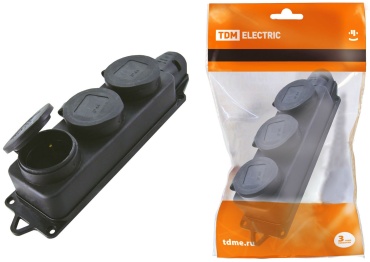 TDM ELECTRIC переносная Розетка трехместная с заглушками каучук 2Р+РЕ 16А 250В IP44 TDM SQ0612-0008, электрический цвет черный