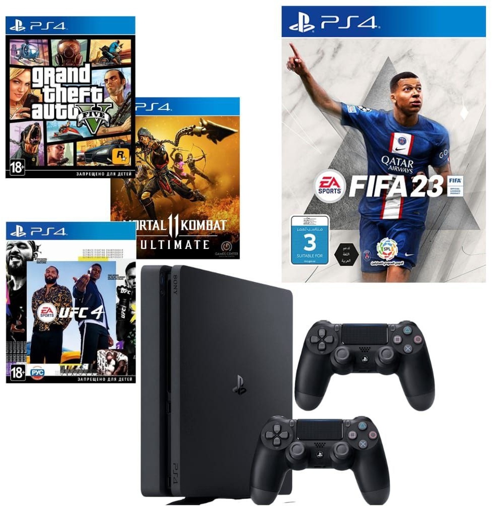 Купить Игровая приставка Sony PlayStation 4 slim 1TB+ 2 геймпада + FIFA23 +  GTA5 + UFC4 + Mortal Kombat (цифровая версия) в Алматы – Магазин на Kaspi.kz