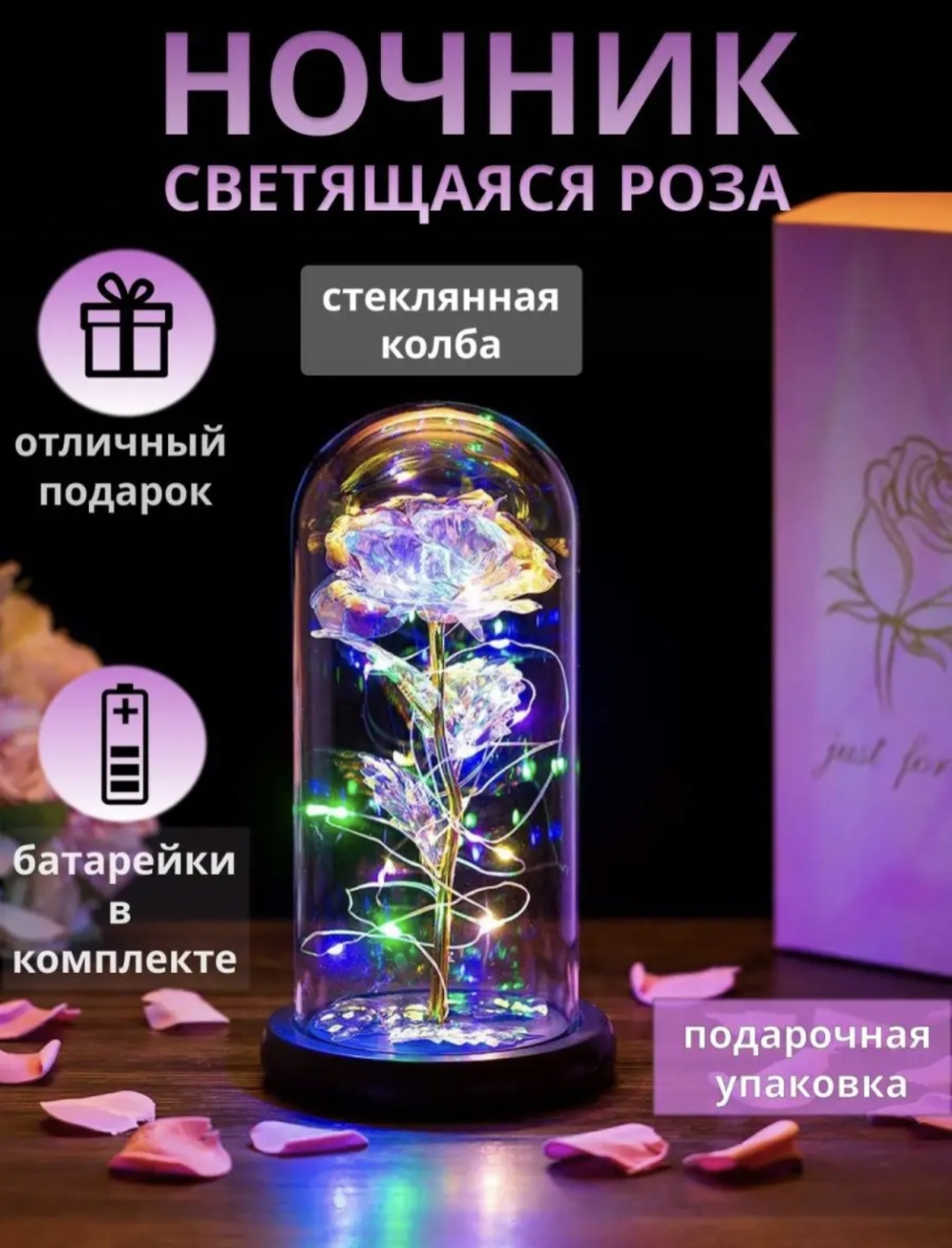 1DEA.me декоративный светильник настольный Ночник Роза в колбе с подсветкой подарок маме, разноцветный