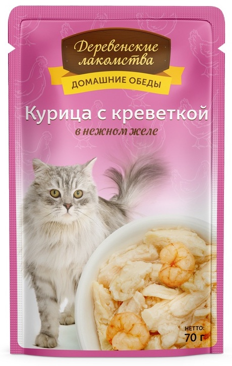 Купить Корм Деревенские лакомства кусочки в желе курица, креветки 70 г ...