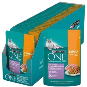 Purina One при чувствительном пищеварении кусочки в соусе курица, морковь 75 г 26 шт