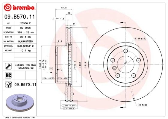 BREMBO Тормозной Диск 09B57011