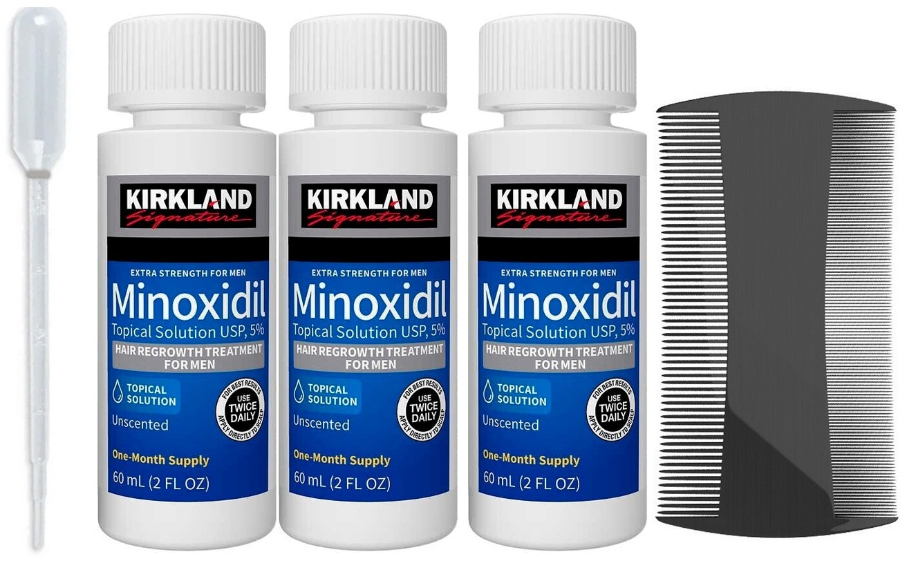 Kirkland Minoxidil 5% мини пипетка, расческа лосьон 3 шт по 60 мл