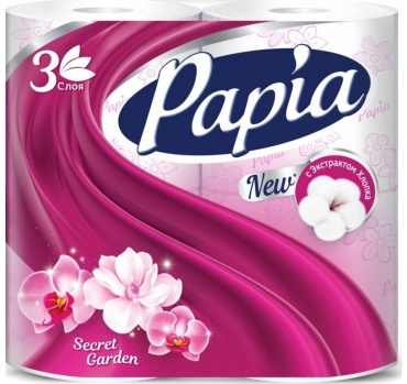Papia туалетная бумага Secret Garden 3-слойный 4 шт, первичная целлюлоза