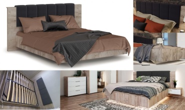 DOMA Кровать с тумбами MISH-160+матрас+подстветка двуспальная, 160x200 см (с матрасом, без подъёмного механизма) черный, светло-коричневый