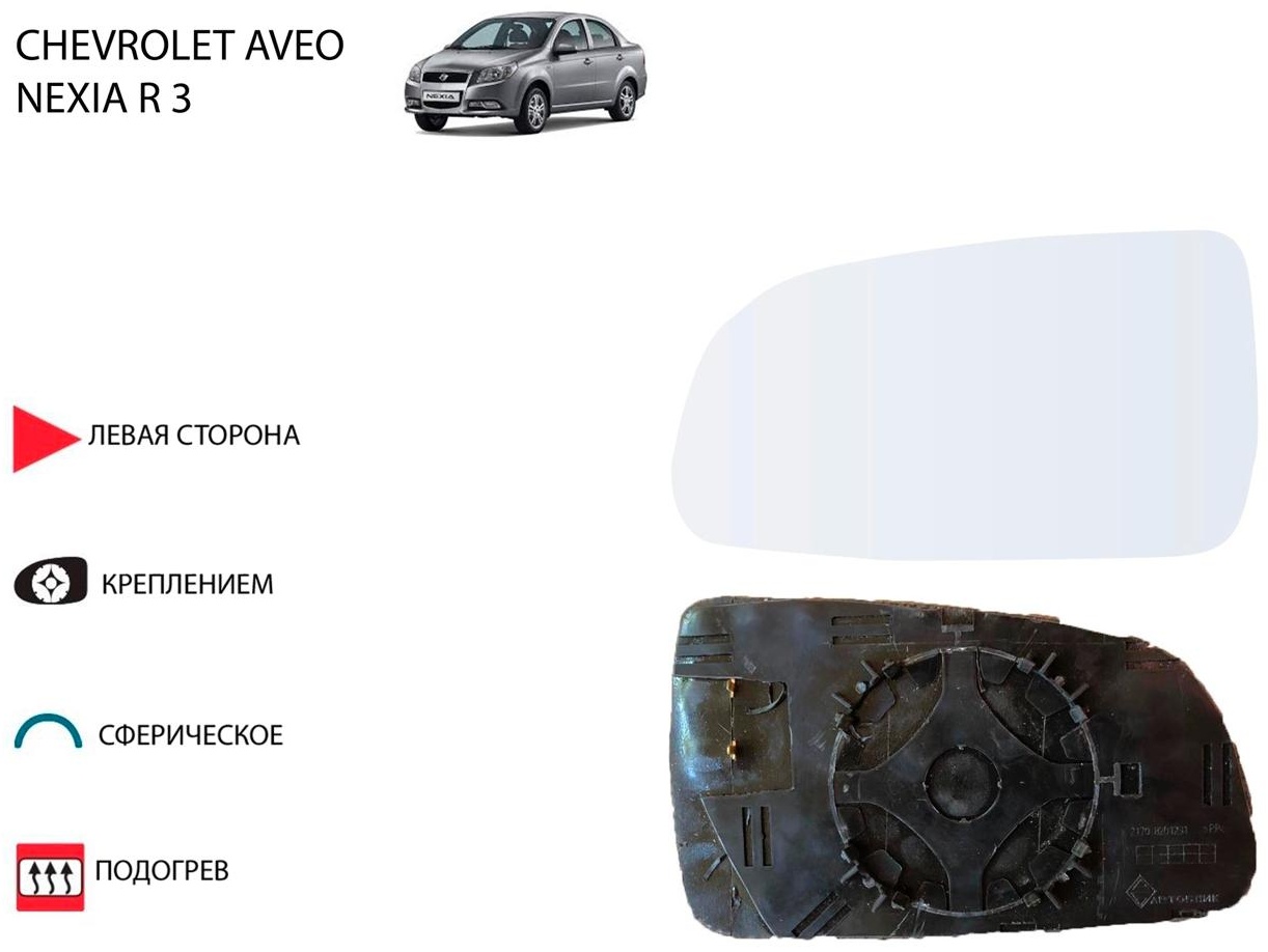 Зеркальный элемент 201547 левое для Chevrolet, Daewoo, Ravon Aveo, Gentra, Nexia R3 2005-2024