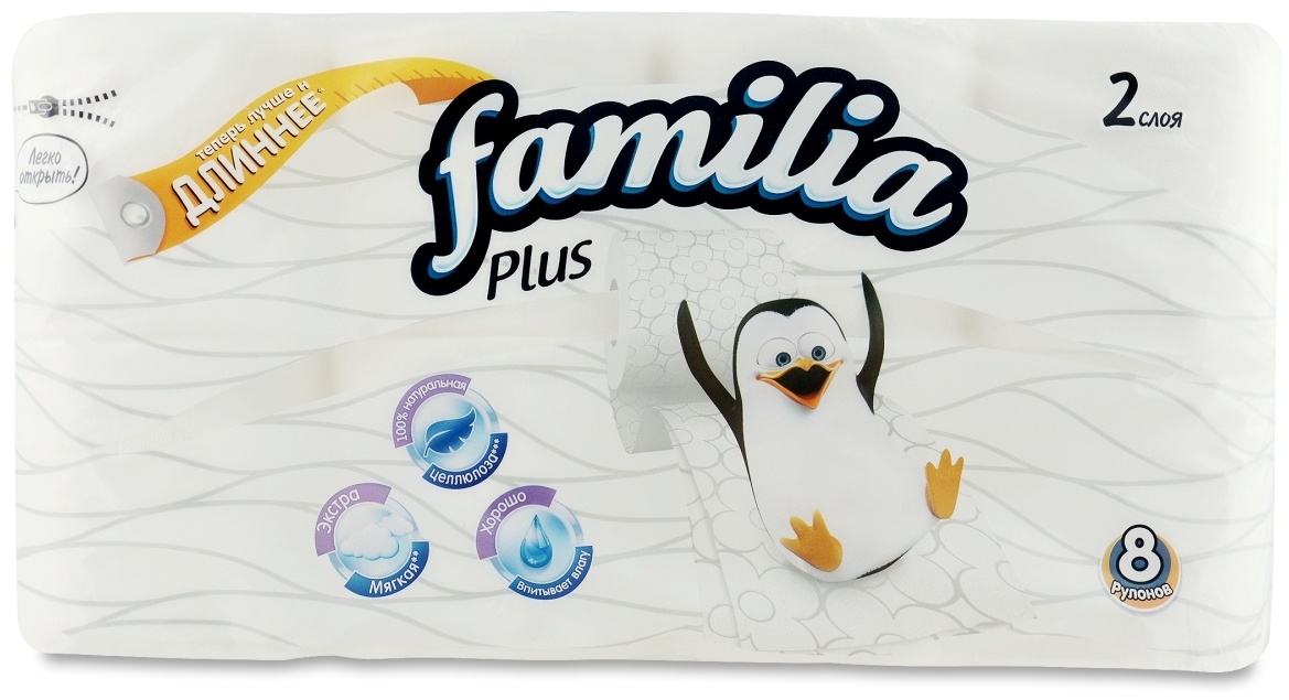 Familia Plus туалетная бумага 2-слойный 8 шт, первичная целлюлоза