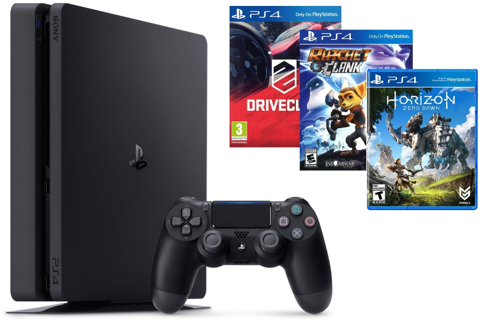 Купить Игровая приставка Sony PlayStation 4 Slim 500 ГБ черный+ Horizon  Zero Dawn + Driveclub + Ratchet & Clank в Алматы – Магазин на Kaspi.kz