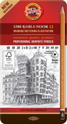 KOH-I-NOOR 1580003001BL, 12 шт, твёрдость 6B, 4B, 2B, B, HB, F, 2H, 4H, 6H