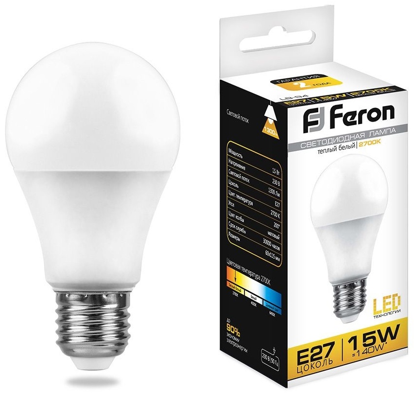 Feron 15W E27, светодиодная, теплый белый