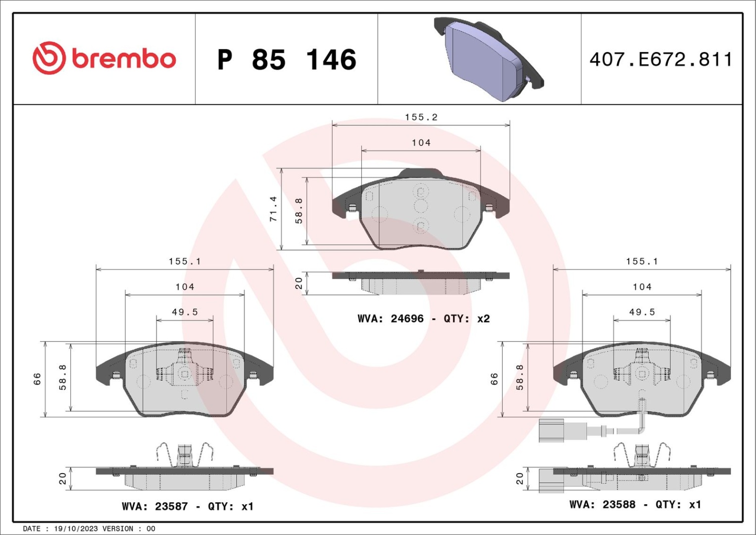 BREMBO Комплект Тормозных Колодок, Дисковый Тормоз P85146