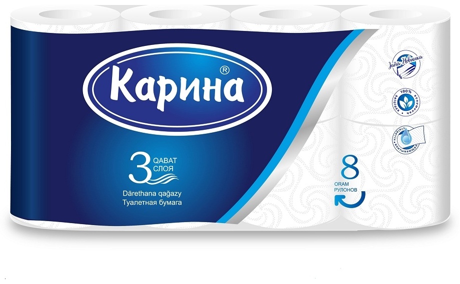 Карина туалетная бумага 3-слойный 8 шт, первичная целлюлоза