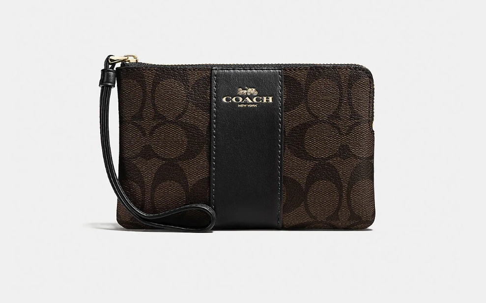 Кошелек Coach натуральная кожа, канва черный, коричневый
