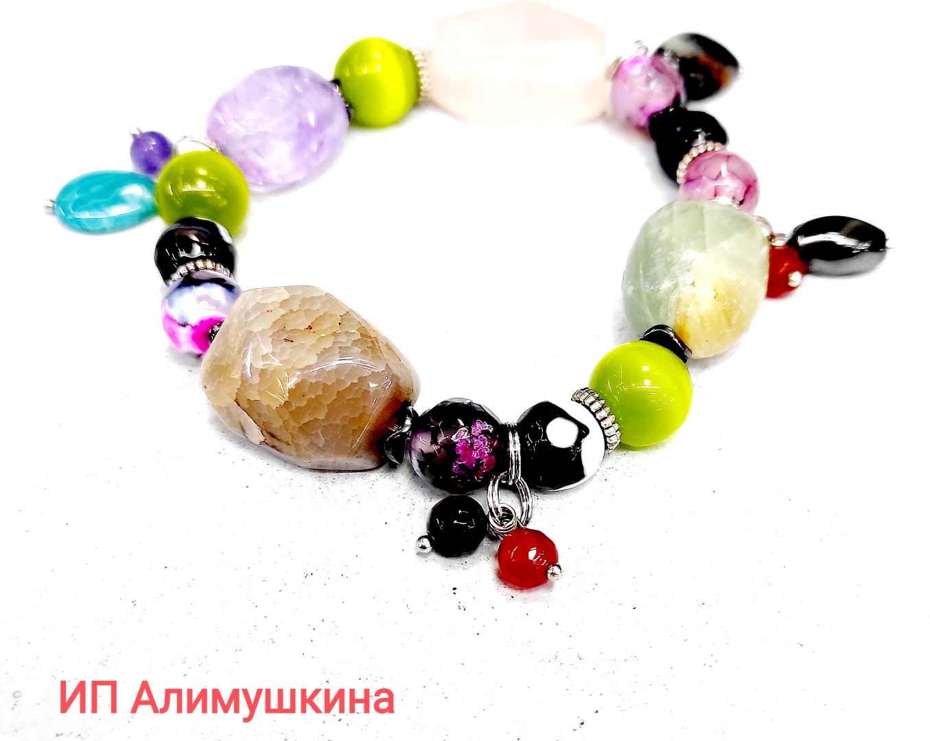 Браслет длина 20 см агат, кварц, аметист, кошачий глаз, розовый кварц