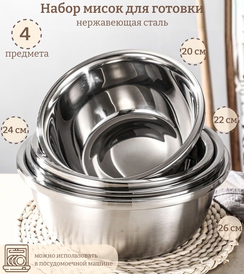 Миска 504475 4 шт, нержавеющая сталь, 26х26 см