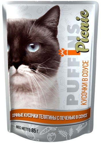 PUFFINS Picnic кусочки в соусе телятина, печень 85 г 1 шт