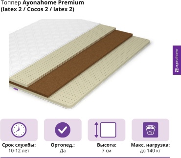 Топпер Ayonahome Premium (latex 2 / Cocos 2 / latex 2), 160x195x7 см