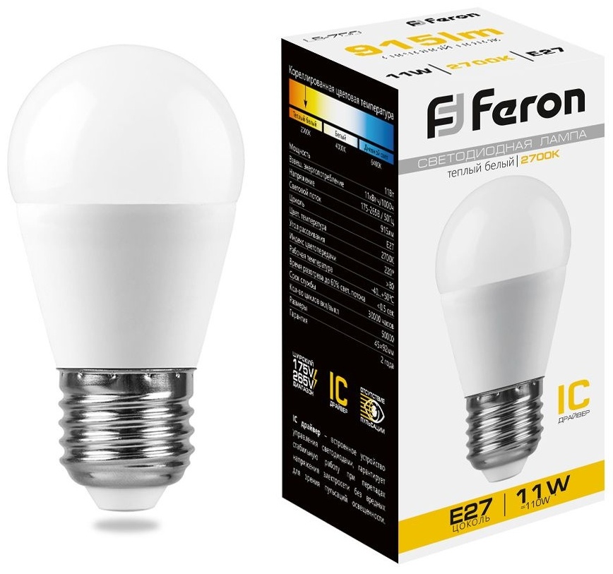 Feron 11W E27, светодиодная, теплый белый