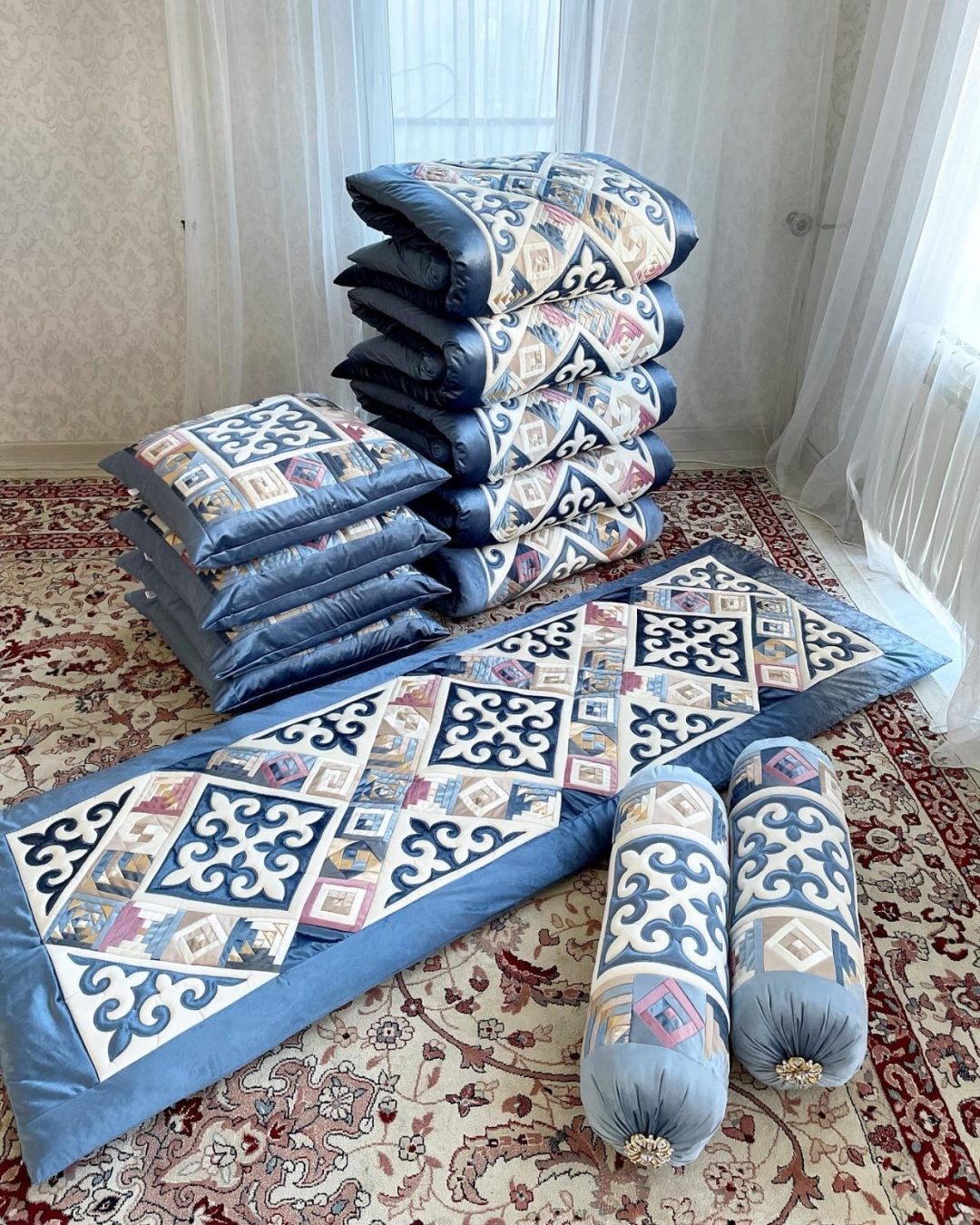 Комплект корпе с подушками 230x80 см, вата, голубой, бежевый, бирюзовый