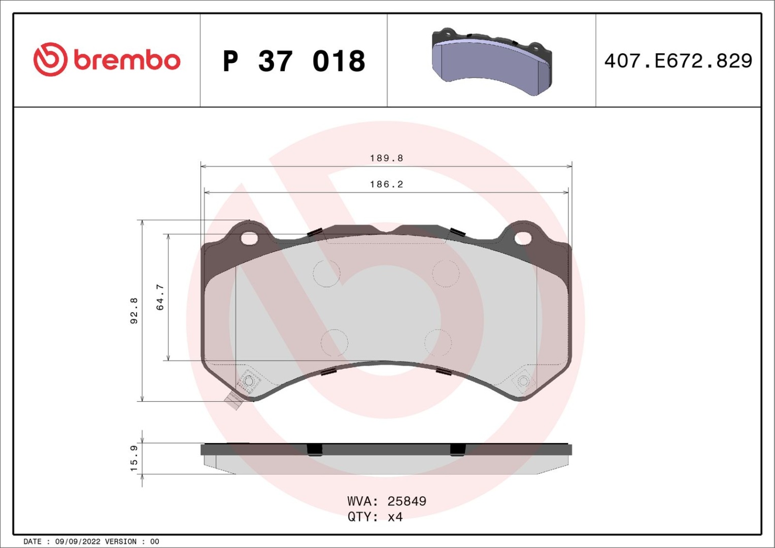 BREMBO Комплект Тормозных Колодок, Дисковый Тормоз P37018