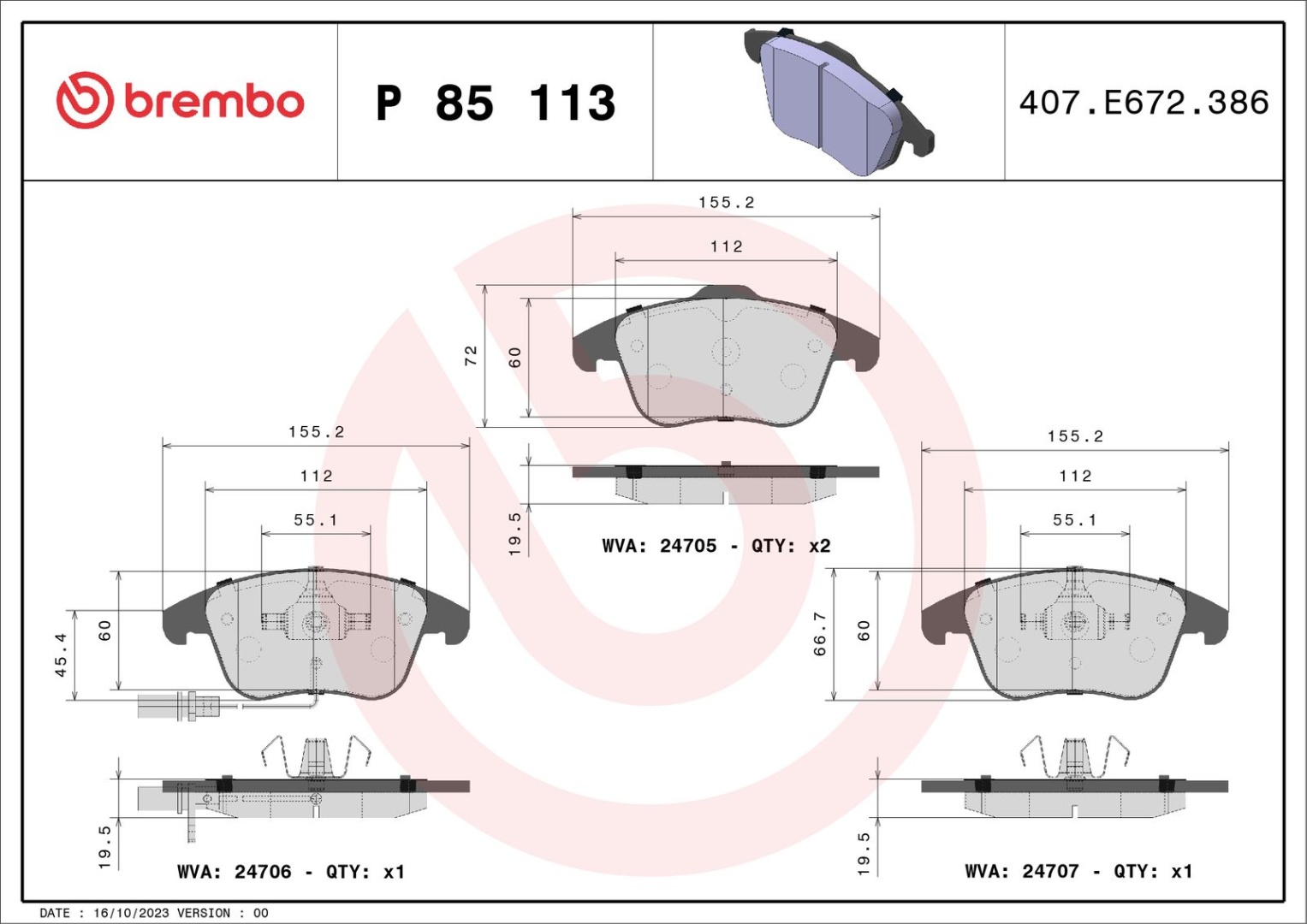 BREMBO Комплект Тормозных Колодок, Дисковый Тормоз P85113