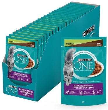 Purina One для привередливых кусочки в соусе индейка, утка, морковь 75 г 26 шт
