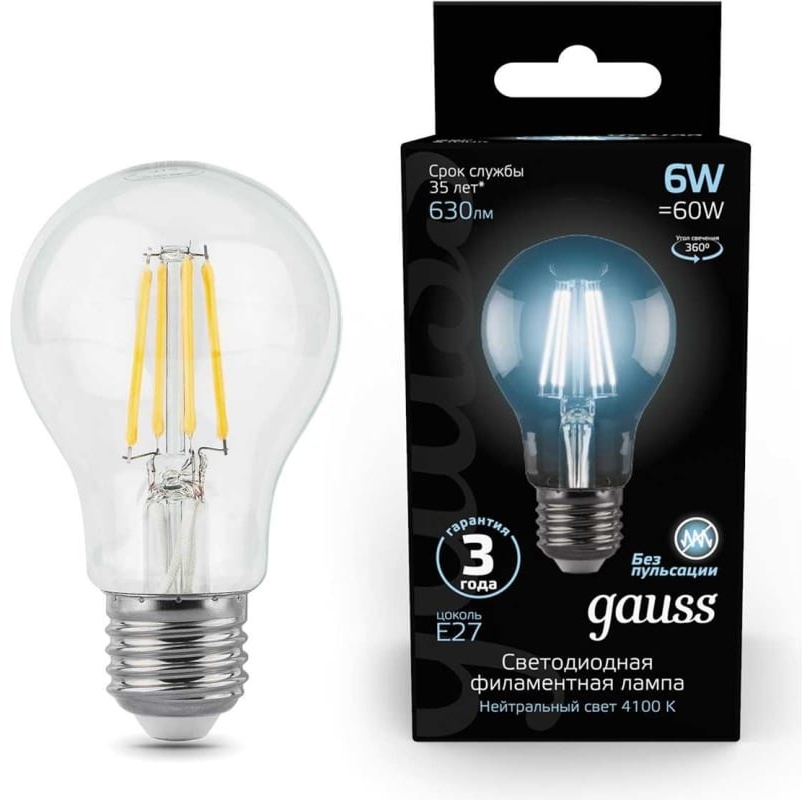 Gauss 6W E27, филаментная, нейтральный белый