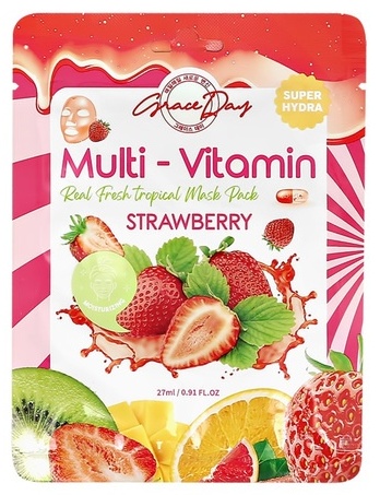 Маска для лица Grace Day тканевая Multi-Vitamin Real Fresh Tropical Mask Pack Strawberry Клубника 10 шт