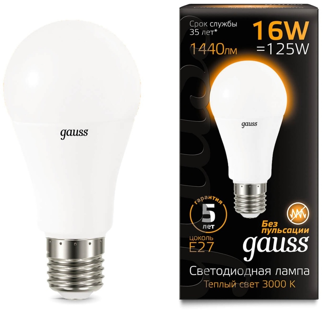 Gauss 16W E27, светодиодная, теплый белый
