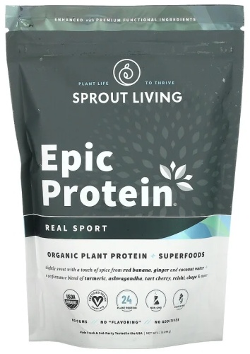 Sprout Living Epic Protein, Organic Plant Protein + Superfoods, Real Sport нейтральный 494 г