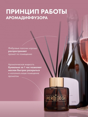Диффузор с палочками PERMEGI Розовое шампанское; земляника; шампанское 50 мл