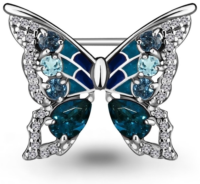 Брошь AQUAMARINE 7267166А вес 2.6 г серебро, фианит, эмаль, топаз