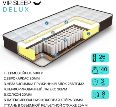 Матрас VIP SLEEP DELUX, 200x200x26 см
