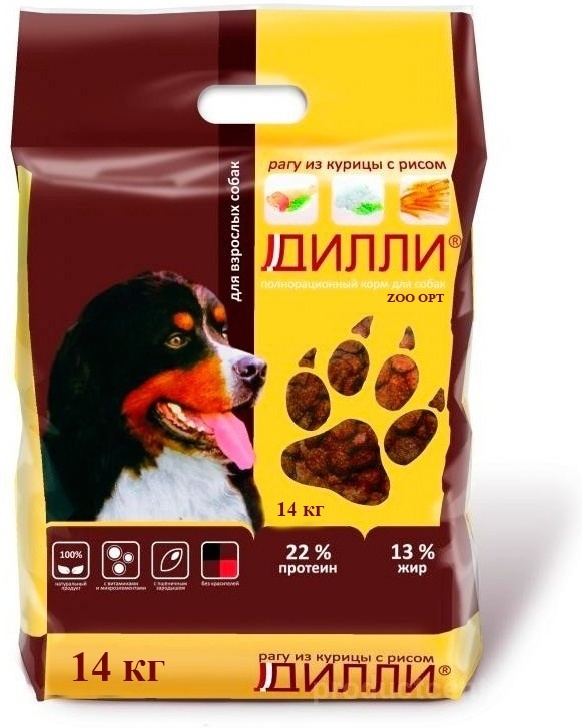 Купить Корм Дилли Рагу из курицы с рисом для взрослых всех пород 14 кг ...