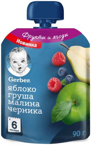 Детское пюре Gerber малина, яблоко, груша, черника 90 г, с 6 месяцев