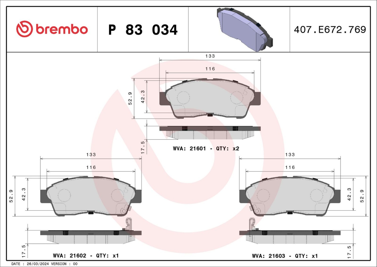 BREMBO Комплект Тормозных Колодок, Дисковый Тормоз P83034