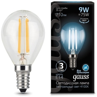 Gauss 9W E27, филаментная, нейтральный белый
