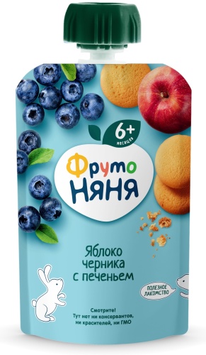 Детское пюре ФрутоНяня Яблоко-черника с печеньем 90 г, с 6 месяцев