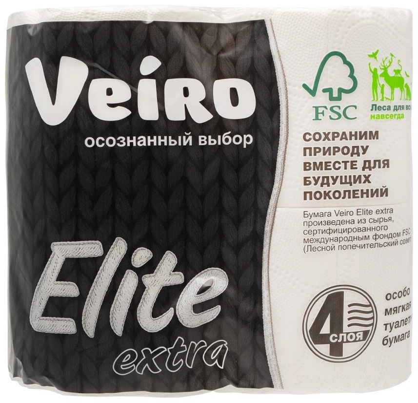 Veiro туалетная бумага 4-слойный 4 шт, первичная целлюлоза