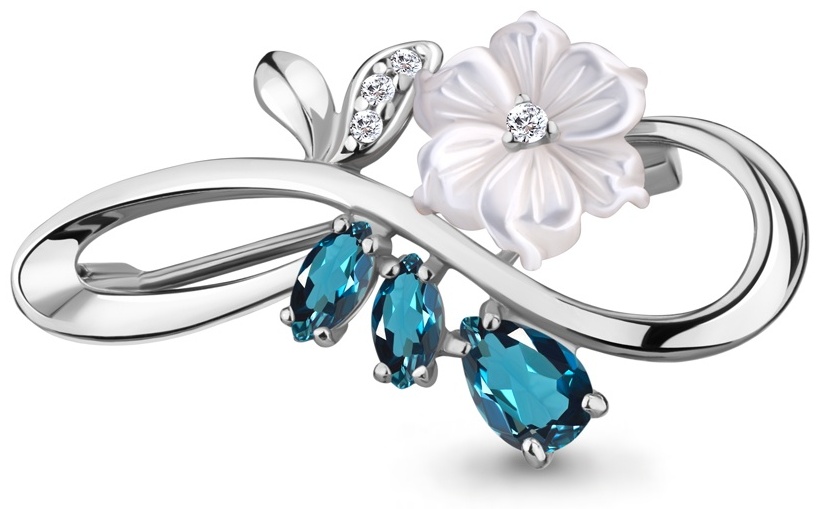Брошь AQUAMARINE 7735508А вес 2.75 г серебро, фианит, лондон топаз, перламутр