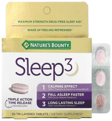 Nature's Bounty Sleep 3, Maximum Strength, Drug-Free Sleep Aid, 30 таблеток