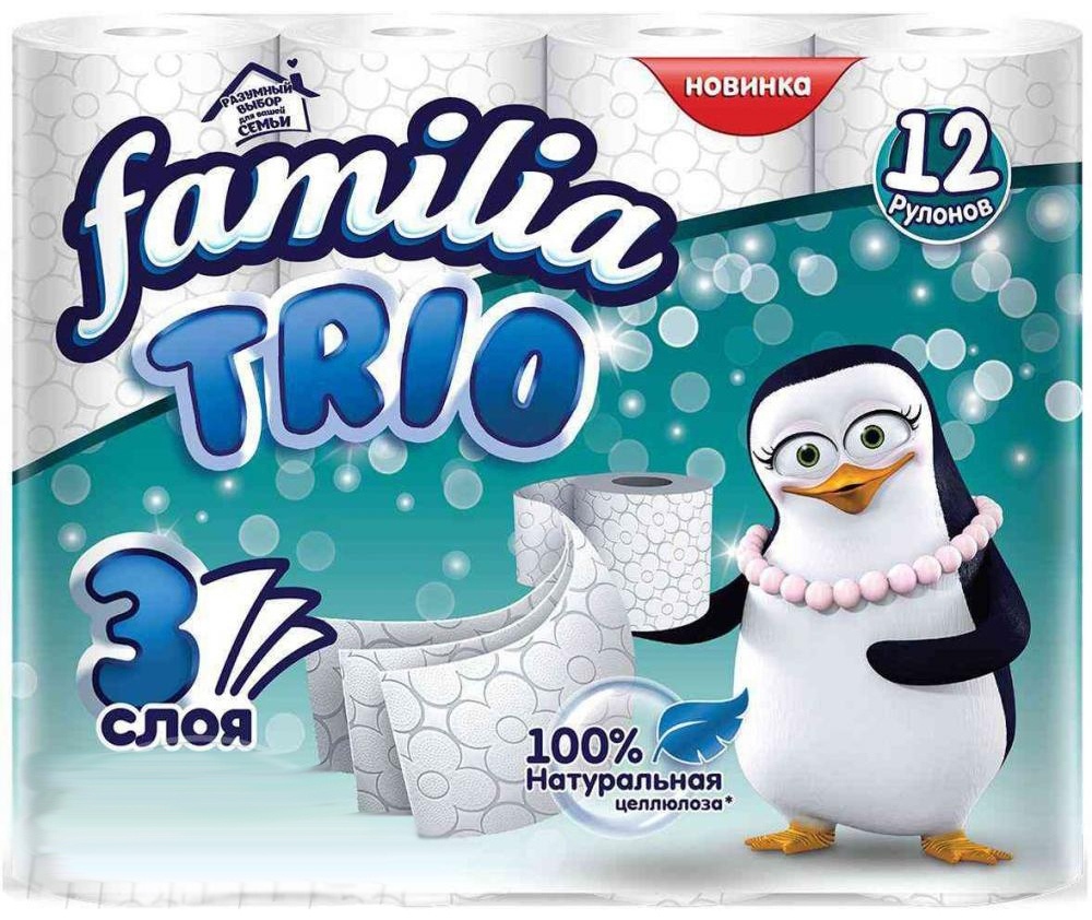 Familia Trio туалетная бумага 3-слойный 12 шт, первичная целлюлоза