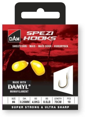 Крючки с поводками для кукурузы DAM SPEZI SWEETCORN# №10 / 0.18MM / 2KG / 4.5LBS / 70CM / 10PCS