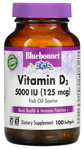 Bluebonnet Nutrition витамин D3, 125 мкг (5000 МЕ) таблетки 100 шт